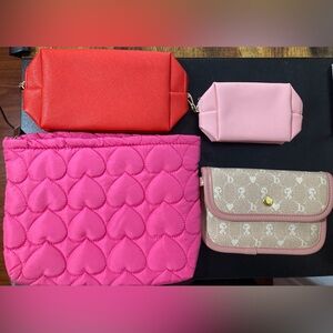 Set of 4 Pink Red Beige Quilted Makeup Pouch Password Holder Clutch Bag Purse